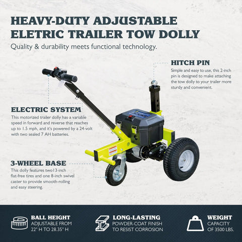 Tow Tuff Electric Trailer Dolly With 3500 Lb Capacity showing adjustable height, electric system, and durable wheels.