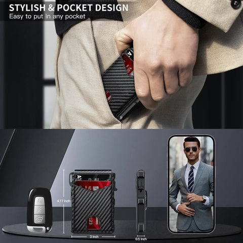 Smart Wallet For Men With AirTag Slot And RFID Blocking Minimalist Pop Up Aluminum Bifold Card Holder For 12 Or More Cards With ID Window Carbon Fiber Look A Dope Gift For Him shown in pocket and by phone and keys.
