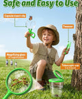 Kid Friendly Digital Bug Catcher Microscope Kit With 2.4 Inch IPS Screen For Safe Insect Viewing, 2 In 1 Bug Collector And Microscope For Hands On STEM Learning And Backyard Exploration, child holding green insect clip and tweezers outdoors