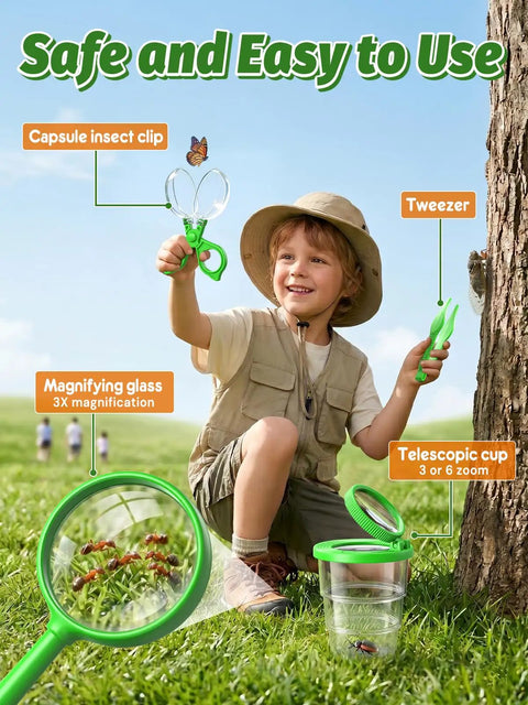 Kid Friendly Digital Bug Catcher Microscope Kit With 2.4 Inch IPS Screen For Safe Insect Viewing, 2 In 1 Bug Collector And Microscope For Hands On STEM Learning And Backyard Exploration, child holding green insect clip and tweezers outdoors