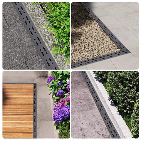 Heavy Duty Outdoor Trench Drainage Kit With Stainless Steel Grate And Polypropylene Channel Built To Last Weatherproof French Drainage System in use in various outdoor settings