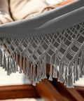 Close-up of fringe detail on Cotton Double Hammock With 55 Inch Spreader Bar, Portable Camping Hammock Kit, in Dark Gray
