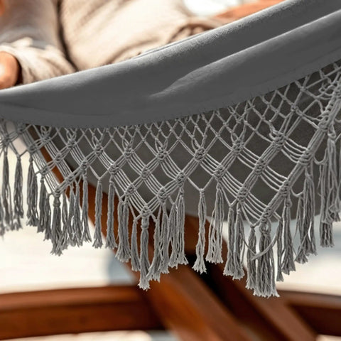 Close-up of fringe detail on Cotton Double Hammock With 55 Inch Spreader Bar, Portable Camping Hammock Kit, in Dark Gray
