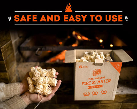 Box of XXL 200 Count Waterproof Fire Starters For Indoor And Outdoor Fires Quick Natural Ignite No Chemicals Needed held by hand