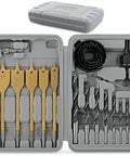 Badass 21 Piece Wood Drill Bit Set With Hole Saws Brad Point And Spade Bits Carbon Steel Case for workshop use, includes various sizes.