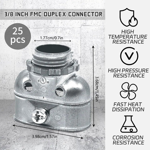 Heavy Duty Metal Conduit Connectors 5 Pack Double Outlet Wire Harness Clamps 3/8 Inch Cables Code Compliant Grounding Continuity Pro Move Shop Staple Job Site Ready Gear on gray concrete.