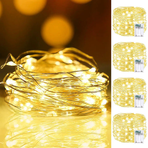 4 Pack 80 Ft 240 LED Fairy Lights Battery Powered With Remote And Timer No Fuss 8 Modes Twinkle String Lights Waterproof Indoor Outdoor Warm White For Bedroom Wedding Classroom Christmas Decor coiled with warm glow and remote.
