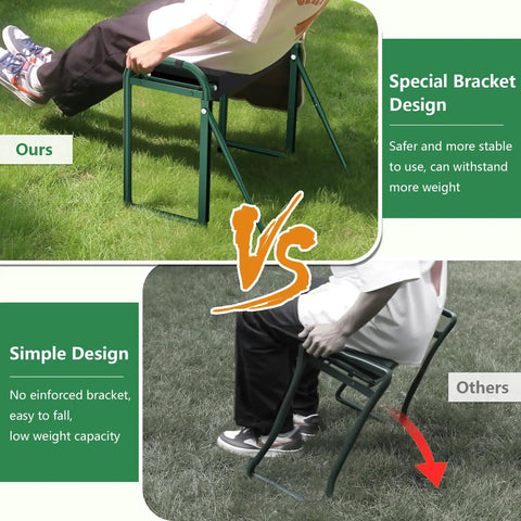 Comparison of Foldable Garden Kneeler And Seat With Anti Tipping Frame Widened Thick Soft Kneeling Pad vs. standard stool