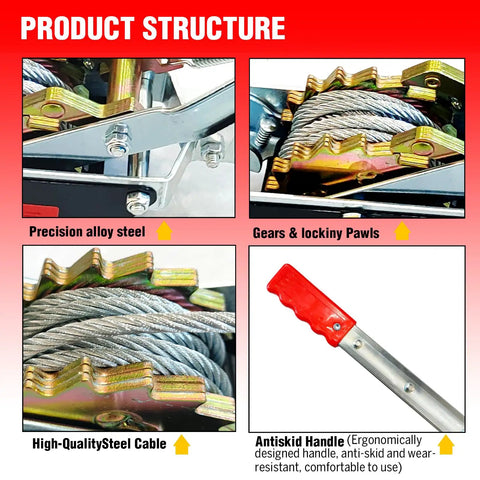 Heavy Duty 11,000 Lbs Come Along Winch With 12 Ft Steel Cable And 3 Hooks product structure details