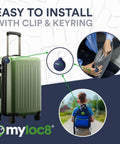 No Stress Gps Locator And 4G Tracker For Keys Wallet Luggage And Little Ones Featuring Live Position Updates shown on a green luggage with a clip.