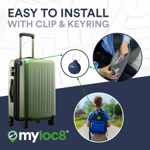 No Stress Gps Locator And 4G Tracker For Keys Wallet Luggage And Little Ones Featuring Live Position Updates shown on a green luggage with a clip.