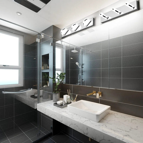 Three Light Dimmable Modern LED Vanity Light For Bathroom With Frosted White Acrylic Chrome Finish Up And Down Wall Fixtures Over Mirror in sleek bathroom setting.