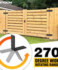 Heavy Duty Fence Gate Hinges 4 Pack 270 Degree Adjustable Barn Door Hinges With Screws For Backyard Wood Doors Garden Black Bifold Strap Folding Hardware installed on wooden gate with 270-degree range illustration.