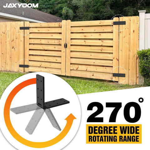 Heavy Duty Fence Gate Hinges 4 Pack 270 Degree Adjustable Barn Door Hinges With Screws For Backyard Wood Doors Garden Black Bifold Strap Folding Hardware installed on wooden gate with 270-degree range illustration.