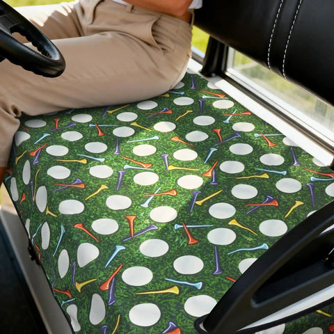 Hella Comfy Golf Cart Seat Covers Smooth Daily Ride with golf tee pattern on durable seat cover for two seater.