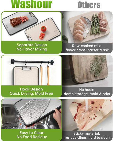 Two In One Titanium Cutting Board For Kitchen With Double Sides, showing food separation and cleaning features.