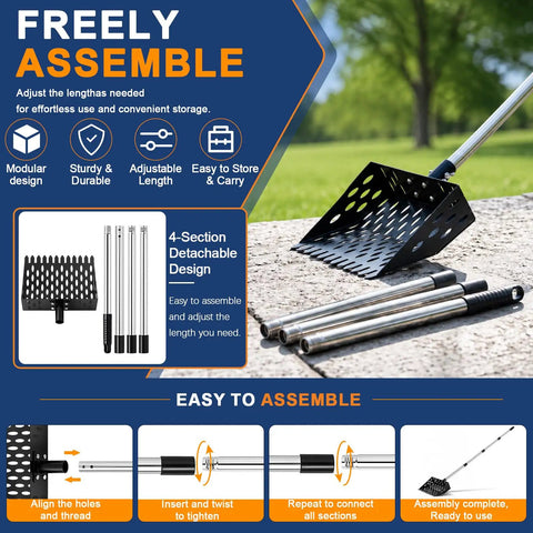 Flex Grip Roof Cleanup Shovel With Segmented Adjustable Pole No Sweat Sweep For Loose Asphalt Shingles Gutter Gunk And Big Backyard Trash Jobs Plus Heavy Duty Extension Tubes showing 4-section detachable design and adjustable length.
