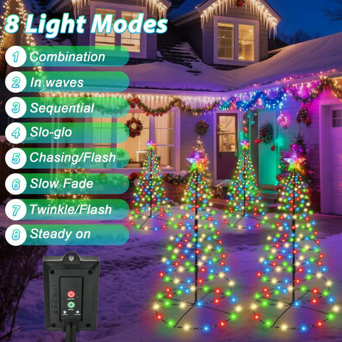 8 Foot Lit RGB LED Christmas Cone Tree with App Control displaying various light modes outdoors