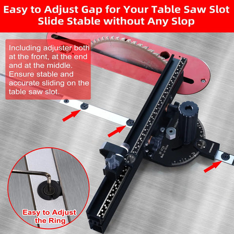 GOINGMAKE black compact table saw miter gauge with 360mm fence, flip stop, and angle stops; fits 3/4×3/8 in slot.