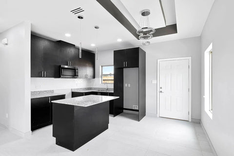 Modern kitchen with black cabinets, white countertops, and ceiling featuring a 14x12 Modern AC Vent Cover Dope White Aluminum Air Vent.