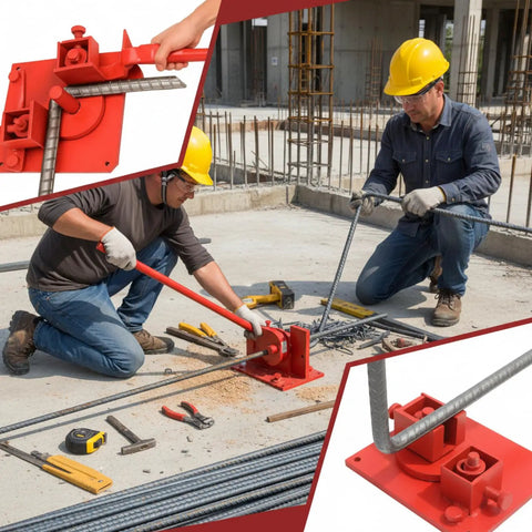 Heavy Duty Manual Rebar Bender Tool For Construction Site And Home Use Extended Handle Metal Bending Machine with workers using on site.