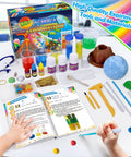 Child using 50 Plus Science Experiments Kit For Kids With Hands On STEM Activities Chemistry And Earth Science Projects Including Volcano Eruption Gemstone Crafting And Magic Experiments A Fun Educational Toy Gift For Boys And Girls with tools and booklet