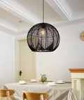 Small Black Rattan Pendant Light For Kitchen Island And Living Room Ceiling in dining room, handwoven boho wicker chandelier, 11.8 inch shade