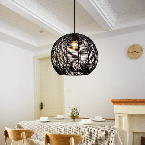 Small Black Rattan Pendant Light For Kitchen Island And Living Room Ceiling in dining room, handwoven boho wicker chandelier, 11.8 inch shade