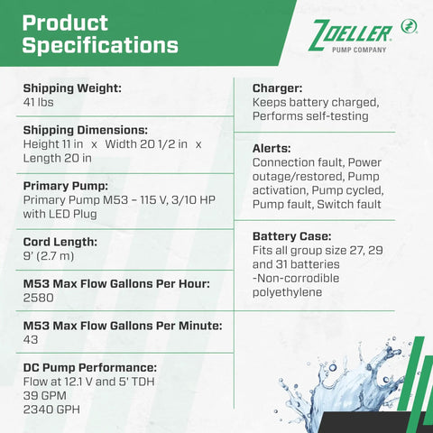 Product specifications for Complete Sump Pump System With M53 Primary Pump And 12 Volt Battery Backup Self Testing Controller