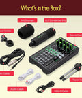 Live Broadcast Sound Card And Rechargeable Mixer Kit With Condenser Microphone components: mic, cables, sound card, tripod