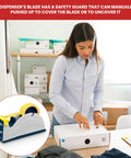 Woman packing a box with Rugged Pro-Grade Industrial Steel Desktop Tape Dispenser For One Inch Tape Up To Three Inches Wide With A Three Inch Core And Five Inch Outer Roll Capacity, Rust Resistant And Heavy-Duty For Office Or Shop, with overlay image of the dispenser.