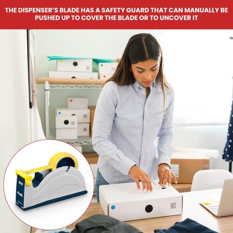 Woman packing a box with Rugged Pro-Grade Industrial Steel Desktop Tape Dispenser For One Inch Tape Up To Three Inches Wide With A Three Inch Core And Five Inch Outer Roll Capacity, Rust Resistant And Heavy-Duty For Office Or Shop, with overlay image of the dispenser.