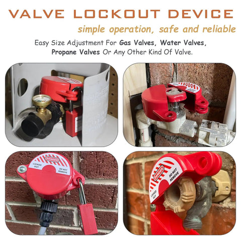 Gate Valve Lockout Kit With Safety Padlock for outdoor valves, featuring red lock device on gas and propane valves in various settings