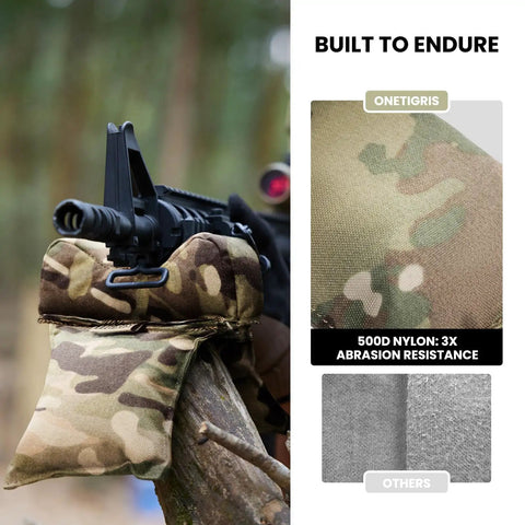 Rifle on pre filled shooting rest sand bag for front and rear gun range support with camouflage design for stability