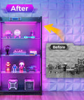 Four Tier Freestanding Glass Display Cabinet With Smart RGB LED Lighting And Handy App Control featuring vibrant colored collectibles and items.