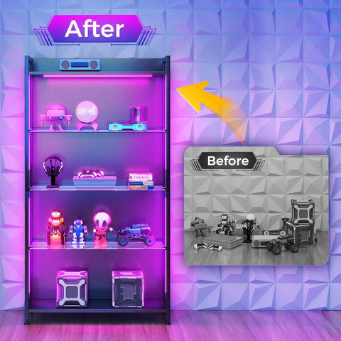 Four Tier Freestanding Glass Display Cabinet With Smart RGB LED Lighting And Handy App Control featuring vibrant colored collectibles and items.