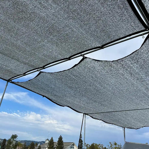 Reflective Aluminet Shade Cloth 70 Percent UV Block Heat Shield installed outdoors over frames