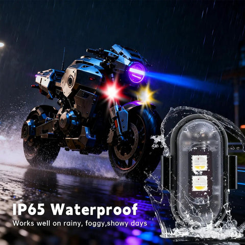Motorcycle in rain with Six Pack Wireless LED Strobe Lights With Remote Control, showcasing waterproof feature.