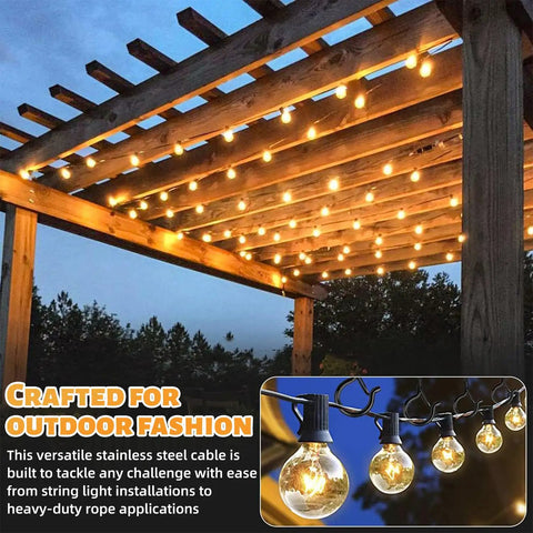 Outdoor pergola illuminated with string lights using Rugged PVC Coated Stainless Steel Wire Rope Kit 50 Ft for deck railing.