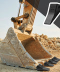 Excavator bucket with 230SP bucket teeth pointing forward. Ten Pack 230SP Backhoe Skid Bucket Teeth With Pins For Mini Excavators Replacement Kit.