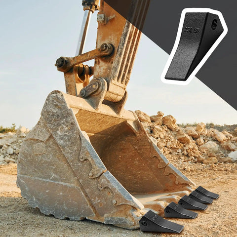 Excavator bucket with 230SP bucket teeth pointing forward. Ten Pack 230SP Backhoe Skid Bucket Teeth With Pins For Mini Excavators Replacement Kit.