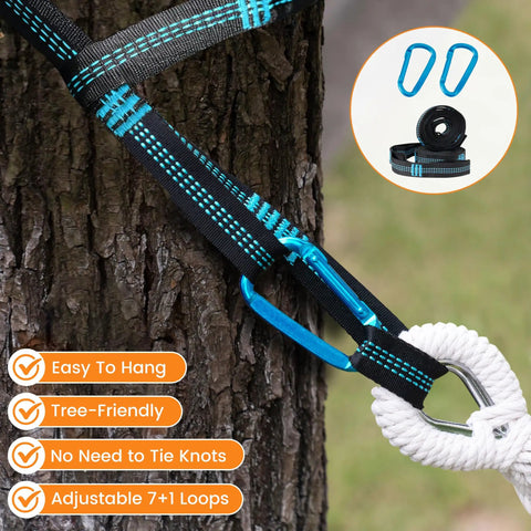 Double Brazilian Cotton Hammock Portable Outdoor Camping Hammock With Tree Straps attached to a tree, showing blue and black straps.