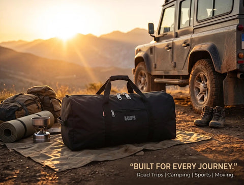 Beefy Heavy Duty Cargo Duffel Bag 275L by SUV, outdoor setting with gear, water resistant, ready for road trips and outdoor adventures.