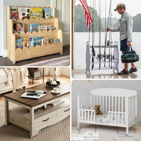 1-Inch L-Shaped Swivel Caster Wheels Set Of Eight With Side Plate Mount Brakes under bookcase, coffee table, crib, and fishing rack.