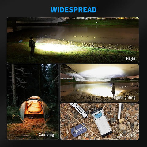 Rechargeable 1800 Lumen EDC Flashlight lighting a campsite and outdoor areas at night, showcasing brightness and versatility.