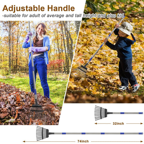 Person using Heavy Duty Garden Rake With 11 Metal Tines And Adjustable 36 To 78 Inch Handle in autumn leaves