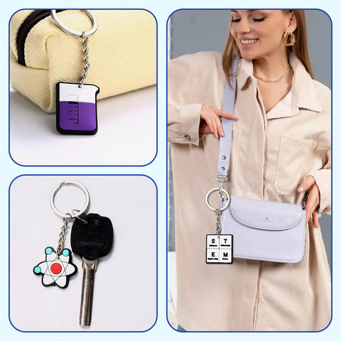 20 Pack Science Party Keychains Set Colorful Silicone Keyrings showcasing beaker, atom, and STEM charms on bags and keys.