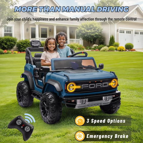 Children enjoying 2 Seater Ride On Car For Kids 24V Licensed Ford Bronco Raptor Electric Ride On Truck with remote on a lawn
