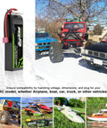 7.4V 1500mAh 100C 2S LiPo Battery With Soft Case And Dean-Style T Connector for RC vehicles displayed with models