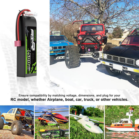 7.4V 1500mAh 100C 2S LiPo Battery With Soft Case And Dean-Style T Connector for RC vehicles displayed with models